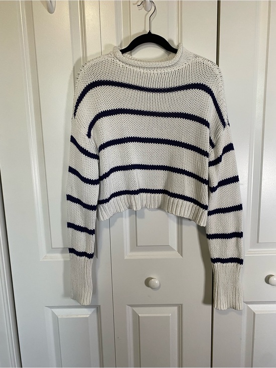 Wyeth by Todd Magill Sweaters - Wyeth White and Navy Striped Roll Neck Cropped Sweater